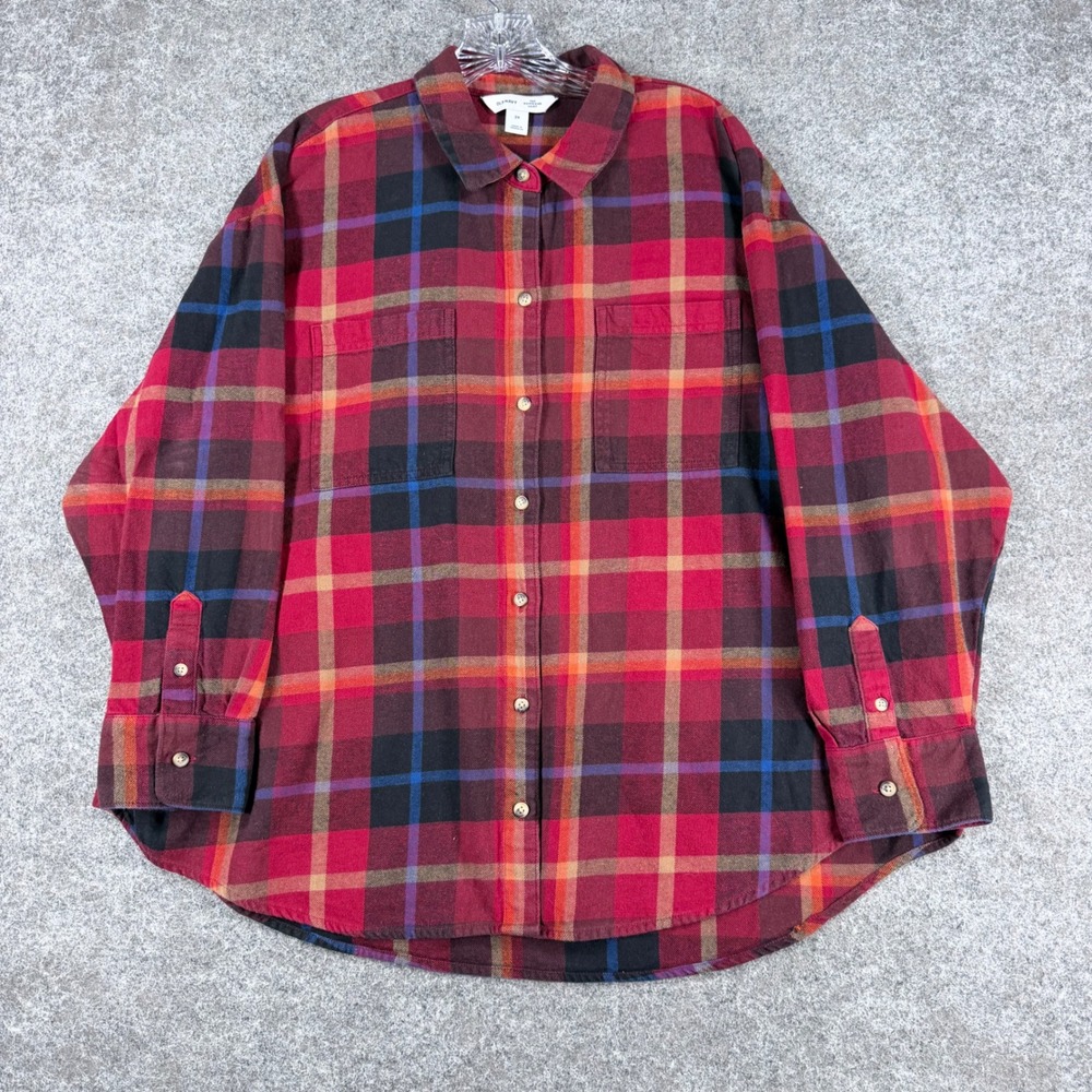 Old Navy Women 2X The Boyfriend Shirt Red Plaid Long Sleeve Cotton Flannel